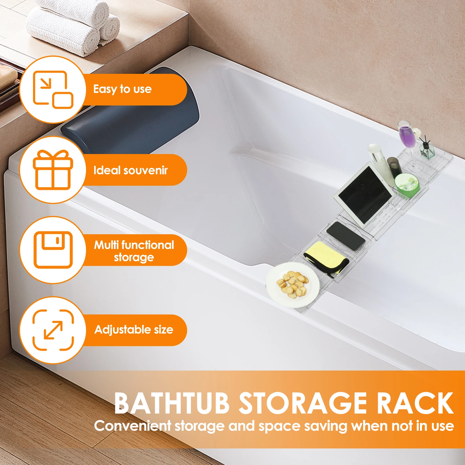 Clear Bathtub Tray Expandable Bath Shelf Over Tub Bathtub Storage Table Multifunctional Bathroom Accessories for Home Bathroom 2