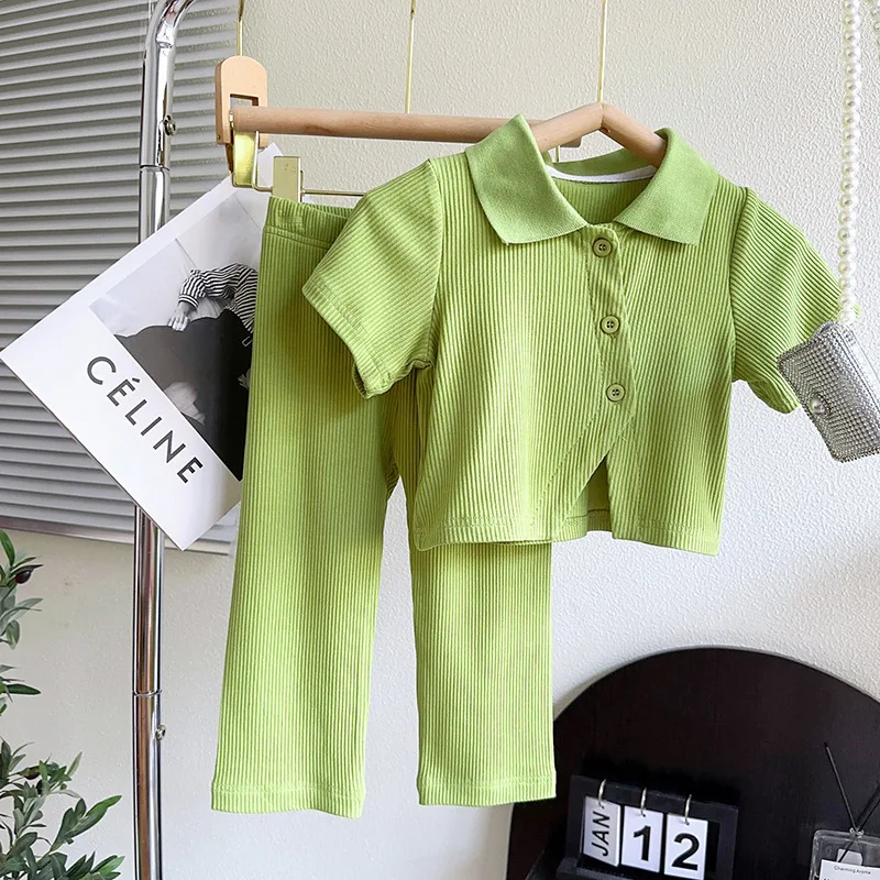 

Fashion Soft Summer Children Casual Clothing Sets Casual Solid Color Short Sleeve T-shirt+Pant 2PC Suit Sets For 2-8Yrs