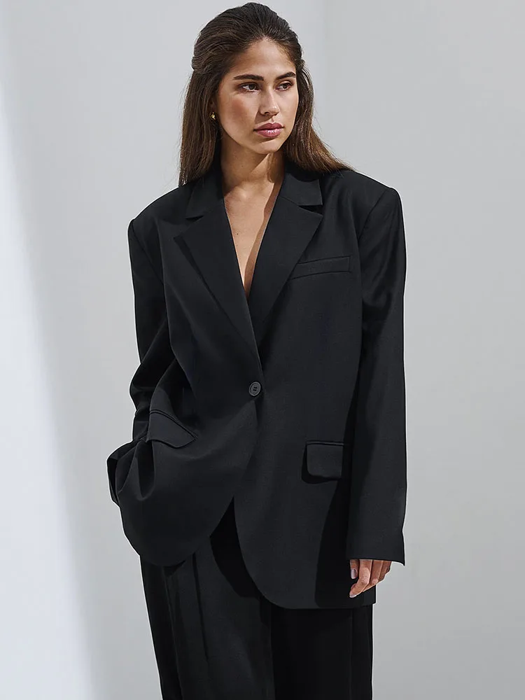 

CamKemsey Chic Solid Office Ladies OL Suit Coats Women Outwear Autumn Loose Long Sleeve Single Breasted Black Blazer Jackets