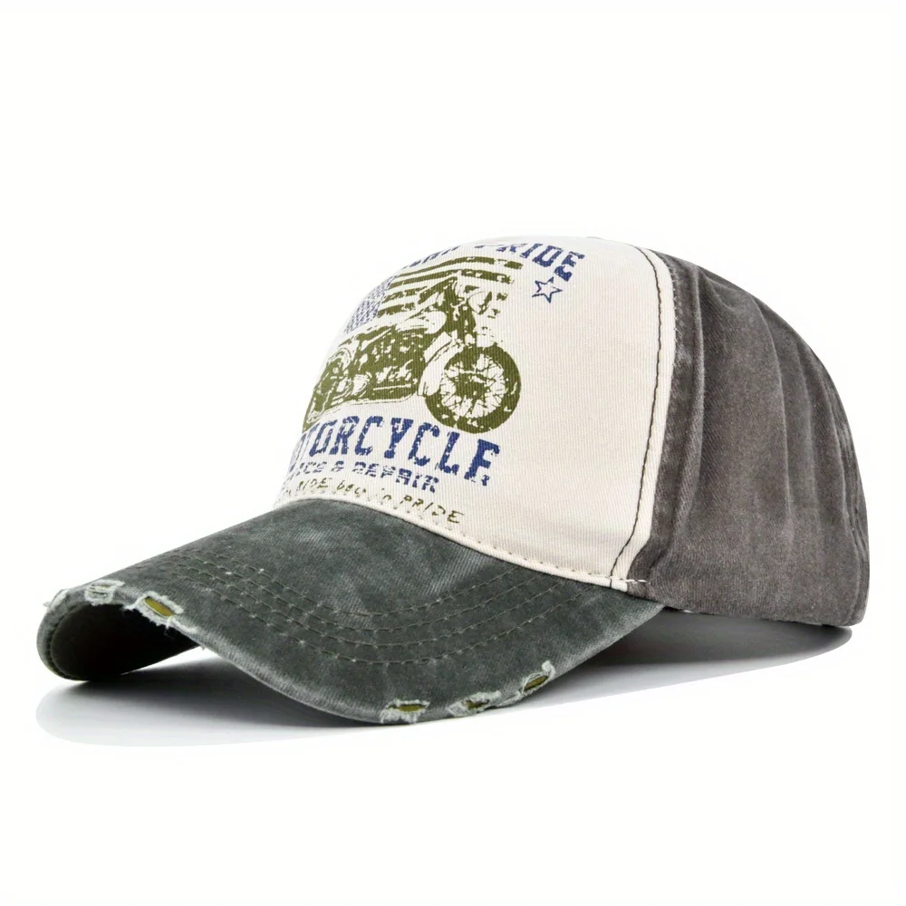 Motorcycle Print Baseball Cap Letter Pattern Printing Distressed Retro Hip-Hop Cap Mountaineering Running Cycling Sports Cap