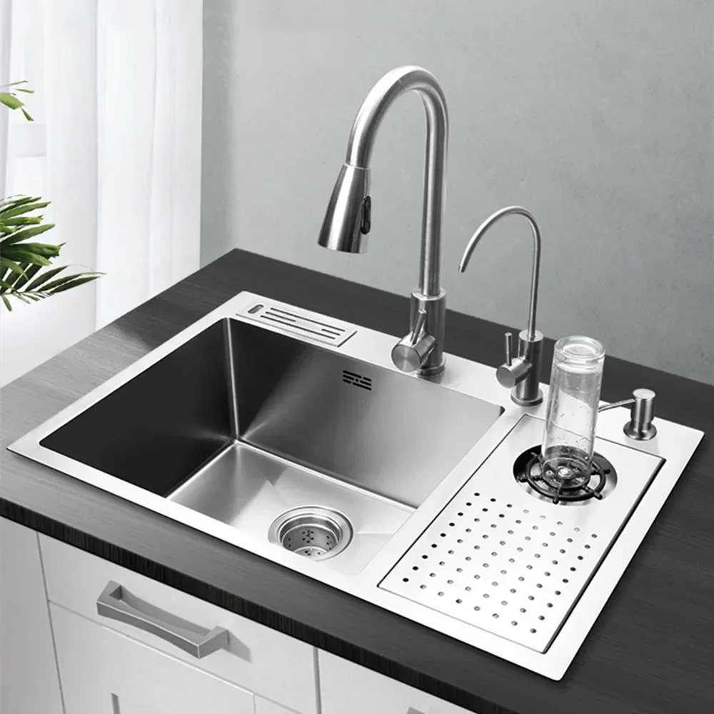 Nano Kitchen Sink 304 Stainless Steel High-Pressure Cup Washer Sink Knife Holder Large Single-Slot Household Cleaning Countertop 4