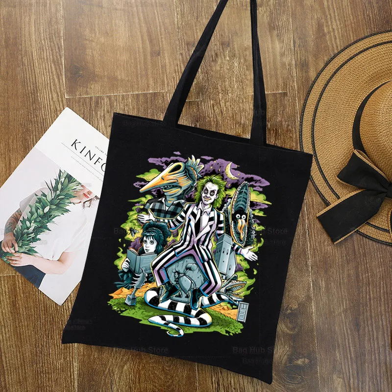 

Beetlejuice Horror Movie Handbags Black Canvas Cartoon Halloween Tote Bag Shopping Travel Reusable Shoulder Shopper Bags Bolsas