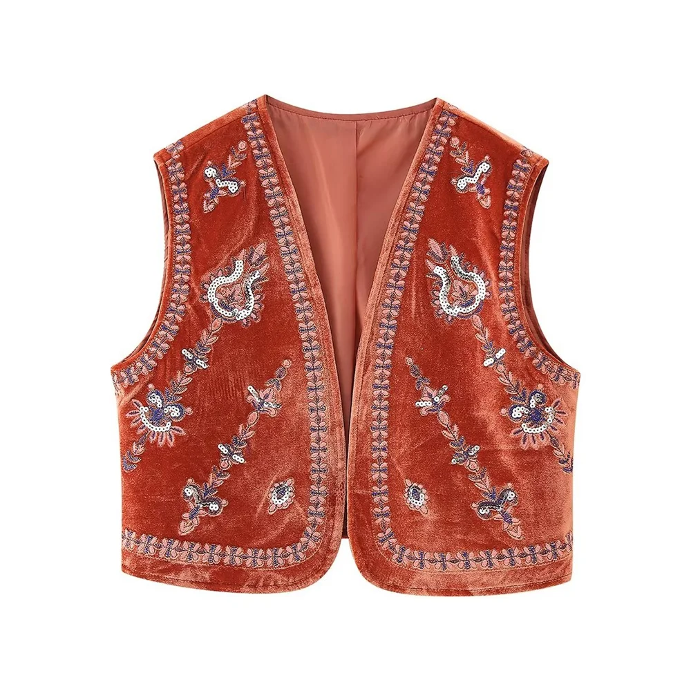Winter New Women's Casual Loose Retro Short Beaded Embroidered Velvet V-Neck Vest_voghion.com
