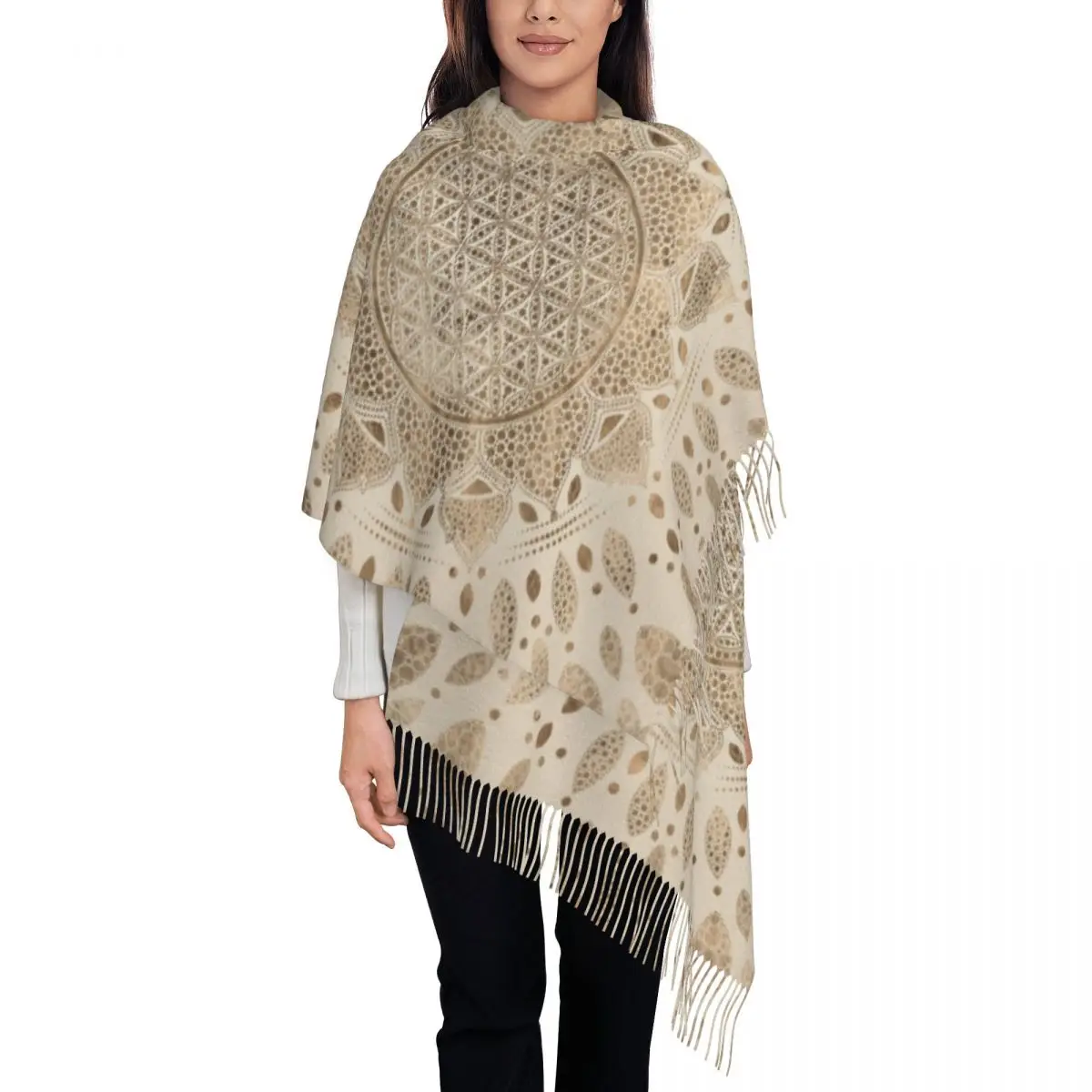 

Stylish Flower Of Life In Lotus Dot Art Tassel Scarf Women Winter Fall Warm Shawl Wrap Ladies Mandala Yoga Meditation Scarves