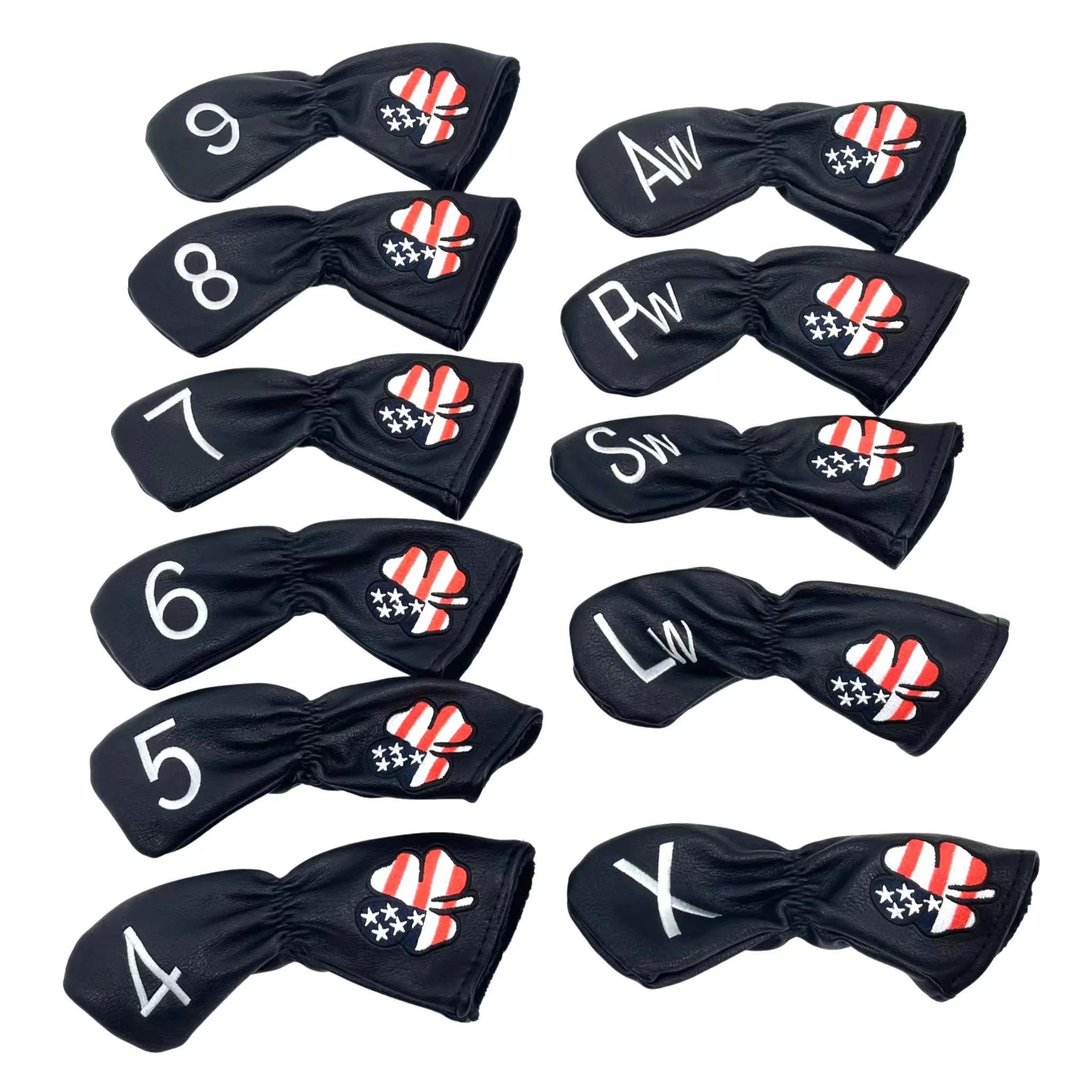 

11Pcs Soft PU Leather Golf Lucky Clover Irons Head cover Club Iron Head Covers with Number Printed 4,5,6,7,8,9,Aw,Sw,Pw,Lw,X.