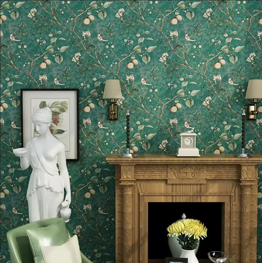 

papel de parede 3D Vintage American self-adhesive wallpaper non-woven dark green garden flower bedroom warm self sticker living