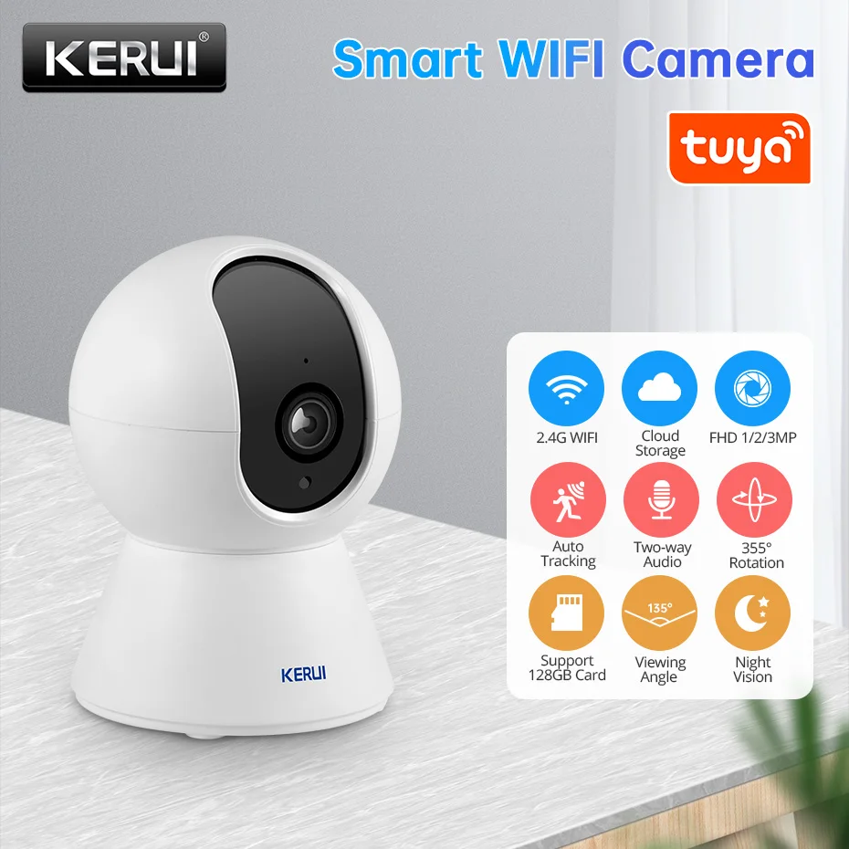 KERUI 3MP WIFI IP Camera Tuya  Mini Camera SMARTPHON Surveillance Camera  Baby Monitor CCTV Camera 2MP With Auto Tracking hontusec icsee min wifi camera hd 2mp 4mp indoor security surveillance camera auto tracking baby monitor with motion detection