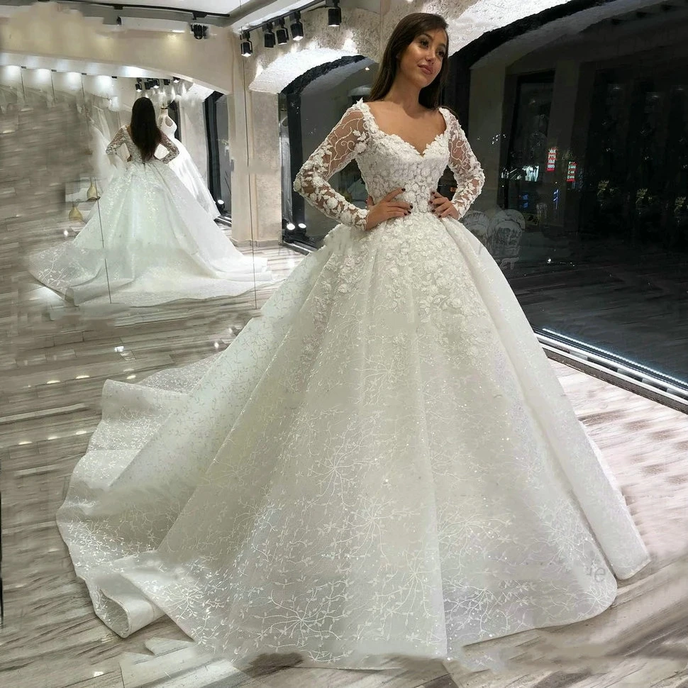 

Saudi Arabic Ball Gown Illusion Back Long Sleeve Wedding Dresses Princess Sweetheart Glitter Sequined Appliques Bride Gowns 2023