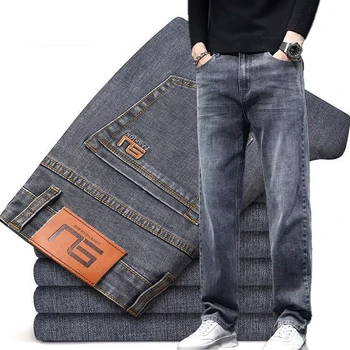 2025 New Men Fashion Loose Straight Elasticity Jeans Male Wear-resistant Slim Fit Denim Pants Smart Casual Dark Gray Trousers 1