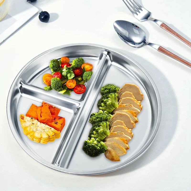 Stainless Steel Kids Plates 2 Packs,9Inch Portion Control Plate Divided Plates For Adults Bariatric Weight Loss Diabetic