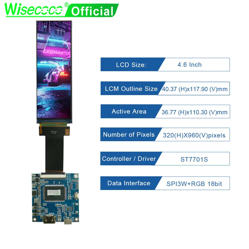 Wisecoco-display Tft Lcd Ultrawide para Veículo Elétrico Interface para Painel Máquina de Café Spi Rgb 320×960 St7701s 46 Polegadas