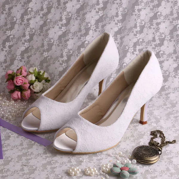 

Wedopus Custom Handmade Ivory Lace Wedding Heels and Shoes Peep Toe