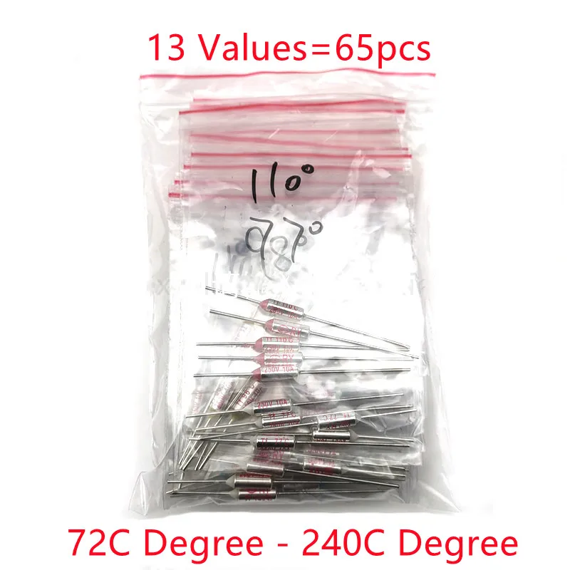 Temperatura Térmica Fusível Sortimento Kit Temperatura Fusível 10a 250v 13 Tipos de Valores 72c240c 65 Pcs