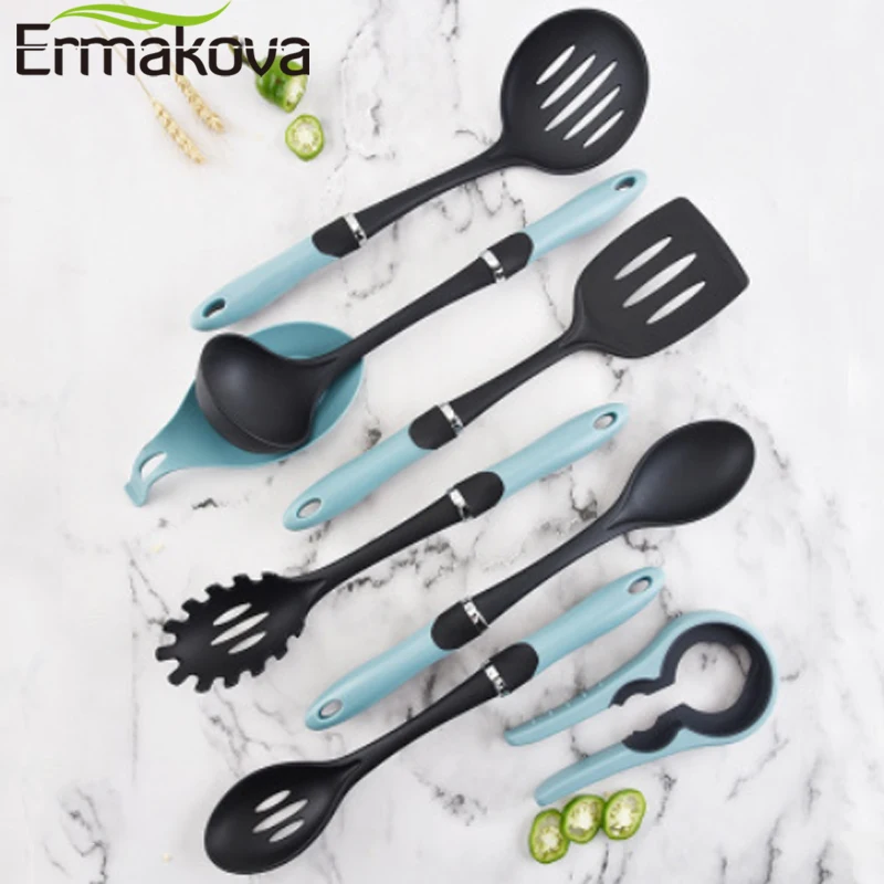 Set of Wooden Handled Cooking Utensils - Dishwasher Safe - Nylon