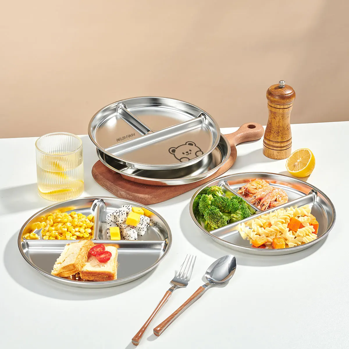 Round Dinner Plate With Compartments 304 Stainless Steel Divided Dinner Dish Fruit Salad Food Plates Kitchen Tableware