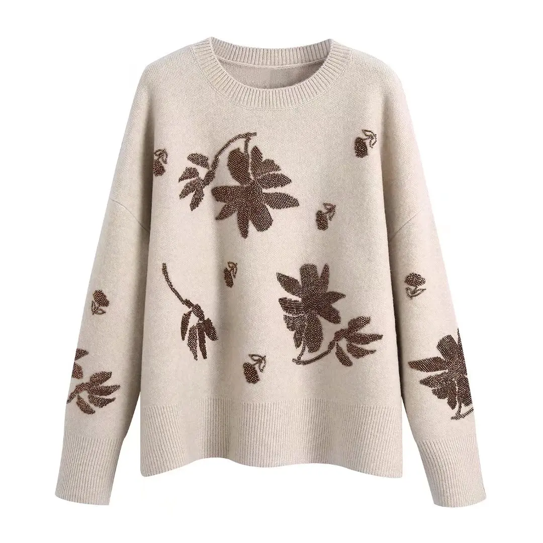 TRAF Beaded Knitted Sweater Women Flower Vintage Sweater Woman Pullovers 2021 Autumn Winter Long Sleeve Warm Sweaters cropped cardigan