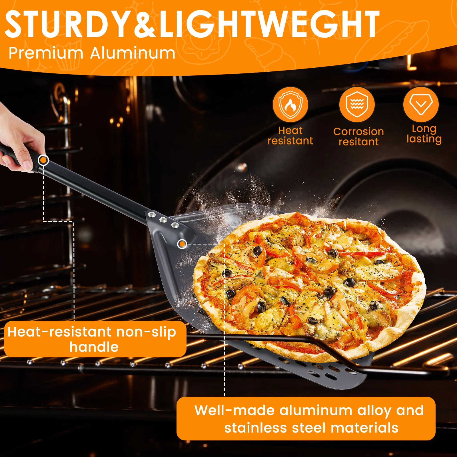 Perforated Pizza Peel 12 Inches Aluminum Pizza Paddle Nonstick Turning Peel with Anti-Scald Handle Heat Resistant
