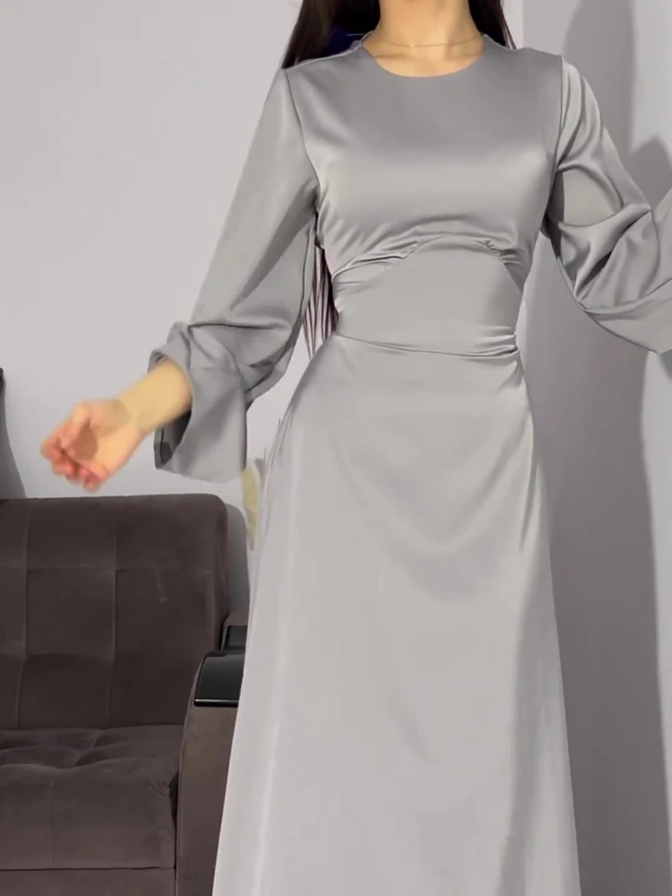 New in Summer Dress Women Fashion Solid Color Satin Dress Women High Neck Long Sleeve High Waist Tie Up Elegant Slim Maxi Dress 4