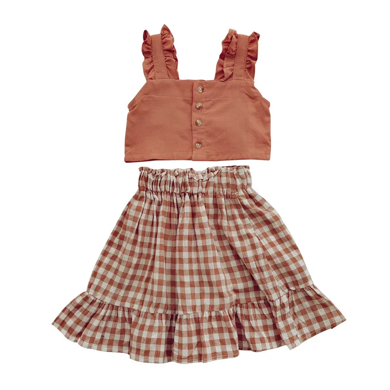 

Summer Fashion Baby Girls Cotton Sleeveless Ruffled Strapes Tops + Plaid Skirt Sets Kids 2 Pieces Outfits Clothing For 2-8 Years