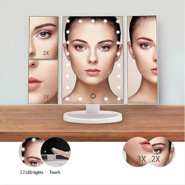 Miroir de maquillage de vanité LED avec commande tactile, éclairage réglable 1X, 2X, grossissement 3X, conception à trois volets, cadeau idéal pour les femmes 2