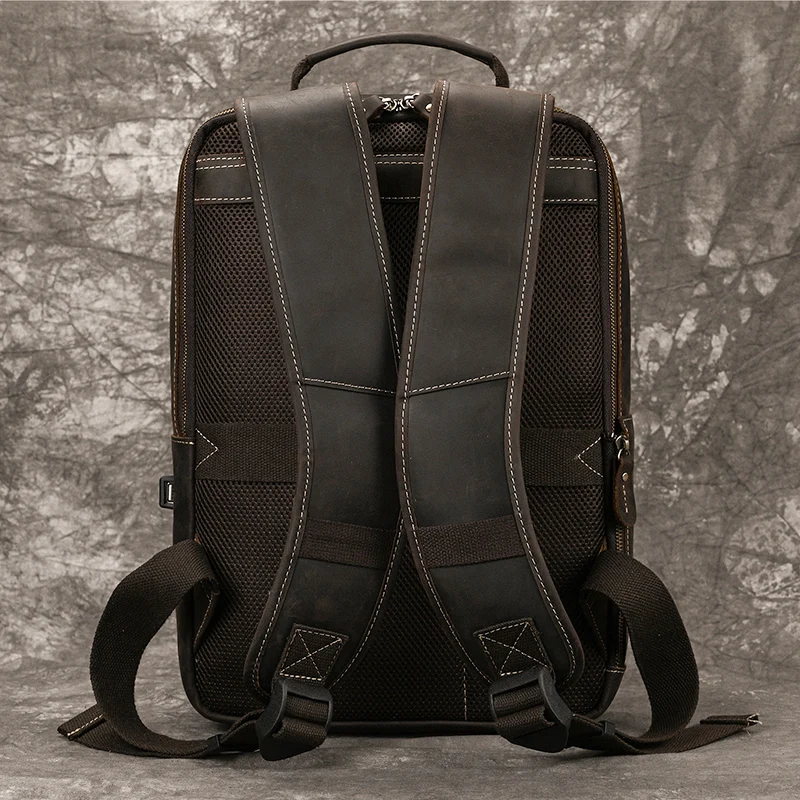 Men's Crazy Horse Leather Backpack 15.6" Laptop Cow Leather Daypack Large Capacity Male Travel Backpack With USB Cable 5