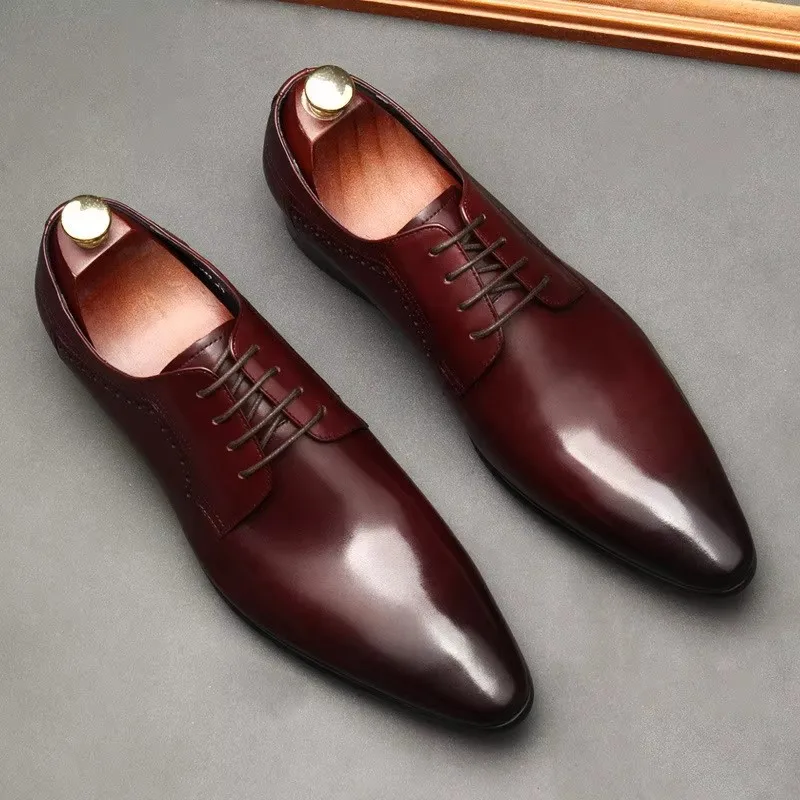 Leather shoes for men, lace up shoes for men, pointy, leather, high-end wedding, dress, Oxford, Lefu shoes, large, British style