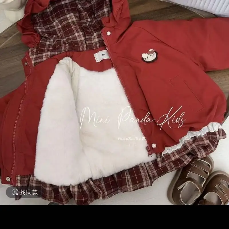 산리오 헬로키티 후드 코트, 면 플리스 안감 패딩, 여자 어린이  겨울 패션 따뜻하고 편안한 2025년 신상