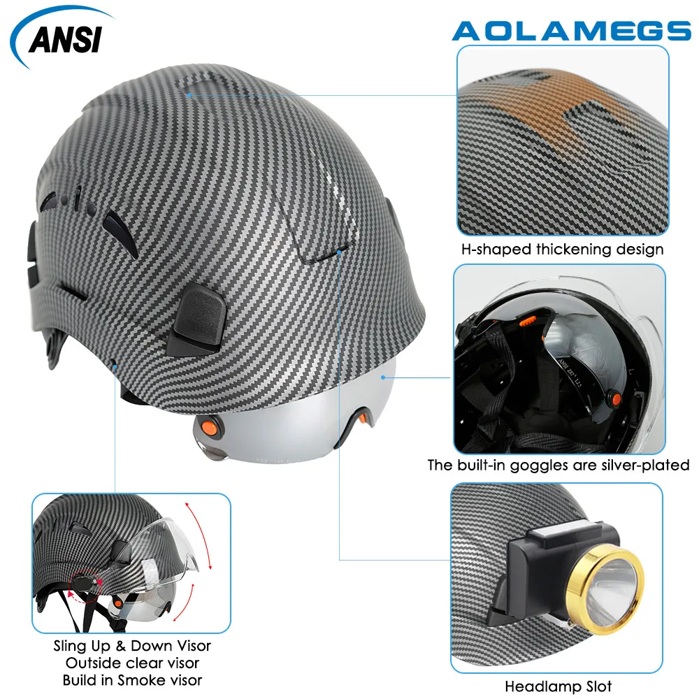 Safety Helmet Tactical Helmet Garden Trimmer Helmet Carbon Fiber Pattern Safety Helmet with Built In Goggle earmuffs for Engineer Hard Hat ANSI Industrial Wora Cap Head Protection