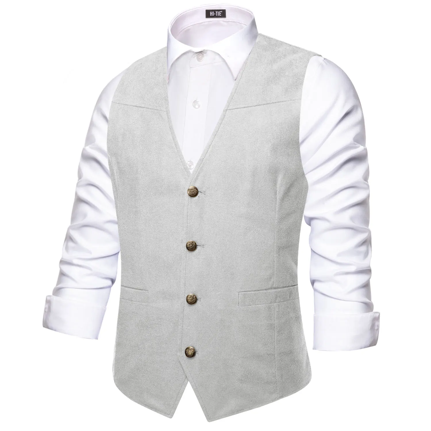 

Designer Mens Vests Silvery Suede Fabric High Quality Sleeveless Waistcoat Casual Fit Wedding Business Formal Party Gifts Hi-Tie