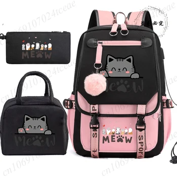 Zaino Scolastico per Adolescenti, Borsa Quotidiana per Studenti, Zaino per Ragazze con Gatto Nero Cartoon, Set 3 Pezzi con Astuccio e Borsa Pranzo