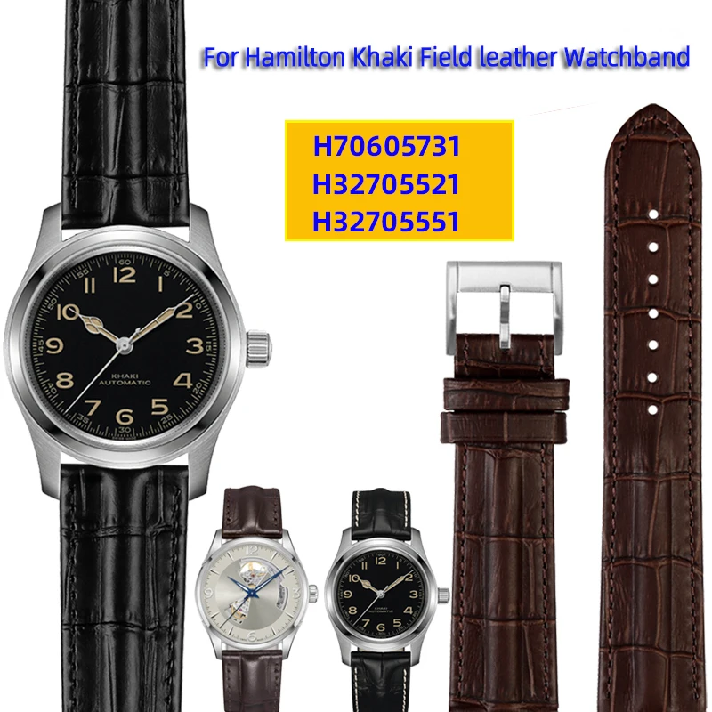 

For Hamilton Genuine Leather Watch Band Khaki H7060573 Cowhide Bracelet Crocodile skin texture strap 20mm 22mm Men's strap brown