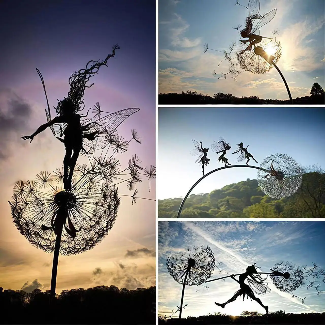 

Garden Yard Dancing Fairy Statue Ornament Metal Steel Wires Miniature Pixies Figurine Elf Dandelion Sculpture Lawn Landscape