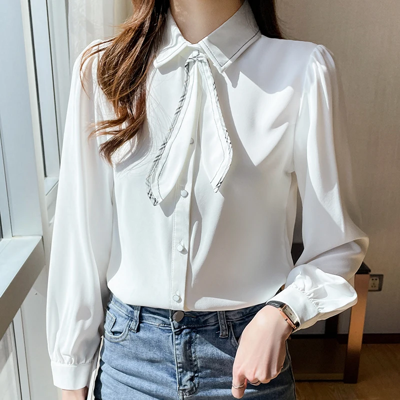 

Женская атласная шифоновая блузка, белая рубашка с длинным рукавом и бантом на пуговицах, модель 2022, 1619