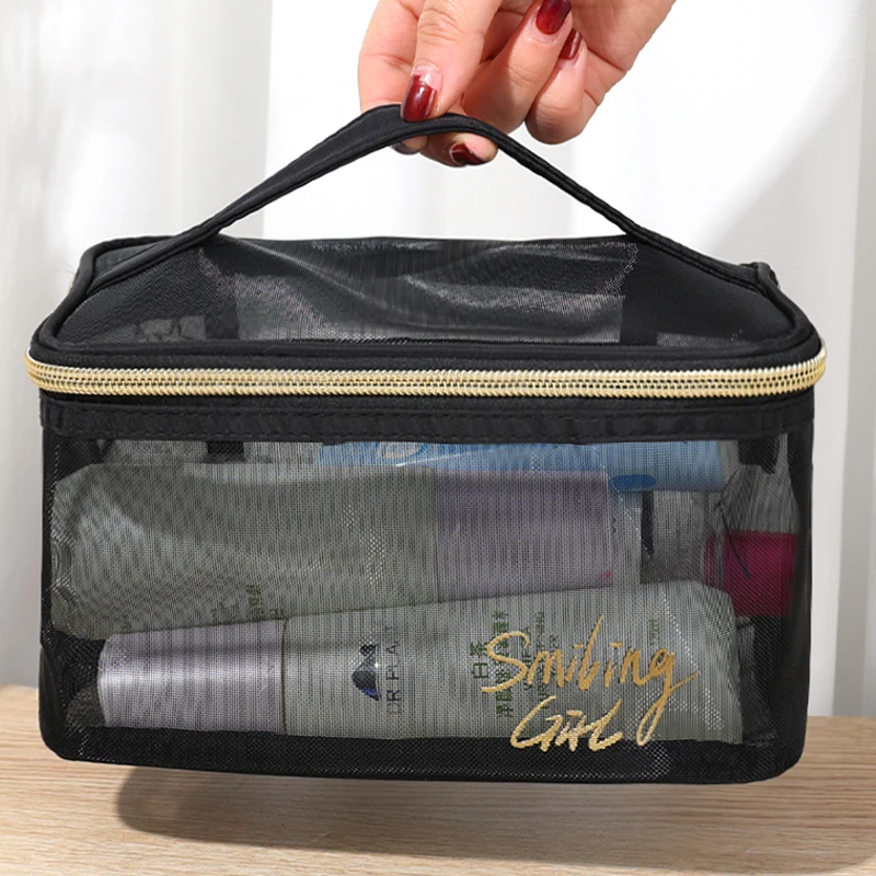 Large-Capacity Black Mesh Makeup Case Organizer Storage Pouch Casual Zipper Toiletry Wash Bags Make Up Women Travel Cosmetic Bag 4