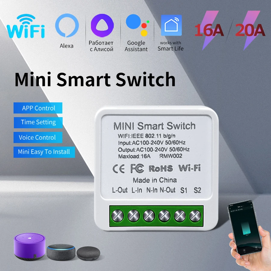 16A/20A WiFi Mini Smart Switch Module 2-way Control APP Remote Control for Alexa Google Home Automation Voice
