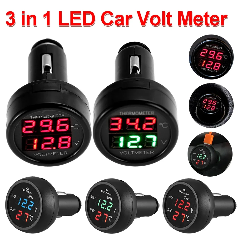 Universal Car Voltage Monitor with Digital LED Display and USB Charging Capabilities