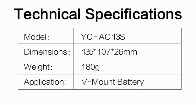 - YC-AC13S 15mm Rod Clamp V Mount Battery Plate Resistive load output 12V/2A 8.1