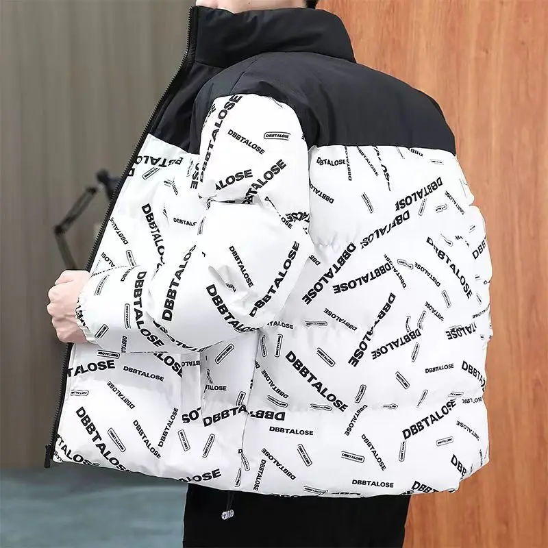 Autumn and Winter Printed Pattern Casual Parkas Men's Long Sleeved Stand Collar Zipper Wadded Jacket