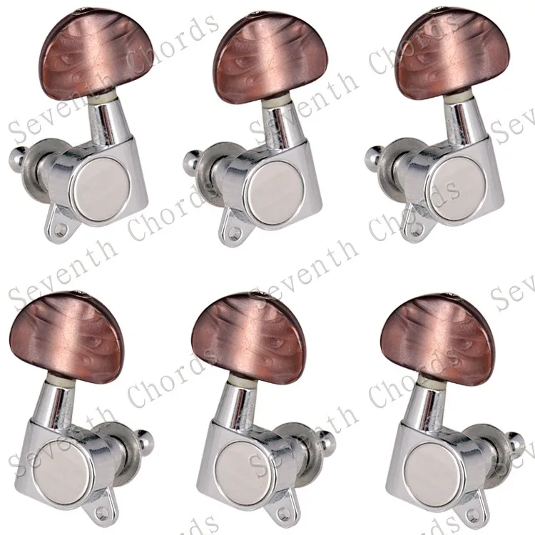 

6 Pcs Chrome Sealed-gear Acoustic Electric Guitar String Tuning Pegs Tuners Machine Head - Coffee Big Semicircle Button