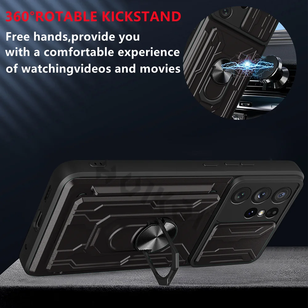 For Samsung S22 S21 Ultra Plus Case Slide Stand Kickstand Ring Camera Military Grade Card Slot Galaxy Note 20 A13 A32 A73 A52 72