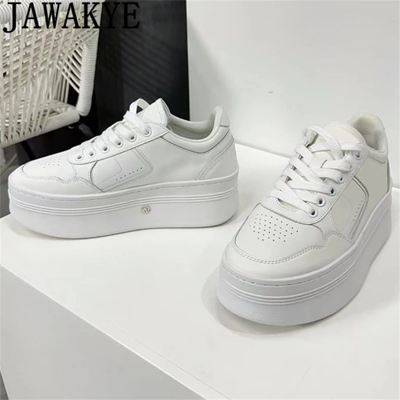 

2024 Spring Thick Sole Lace Up Flat Platform Shoes Women Brand Fashion White Genuine Leather Sneakers Comfort Casual Shoes Femme
