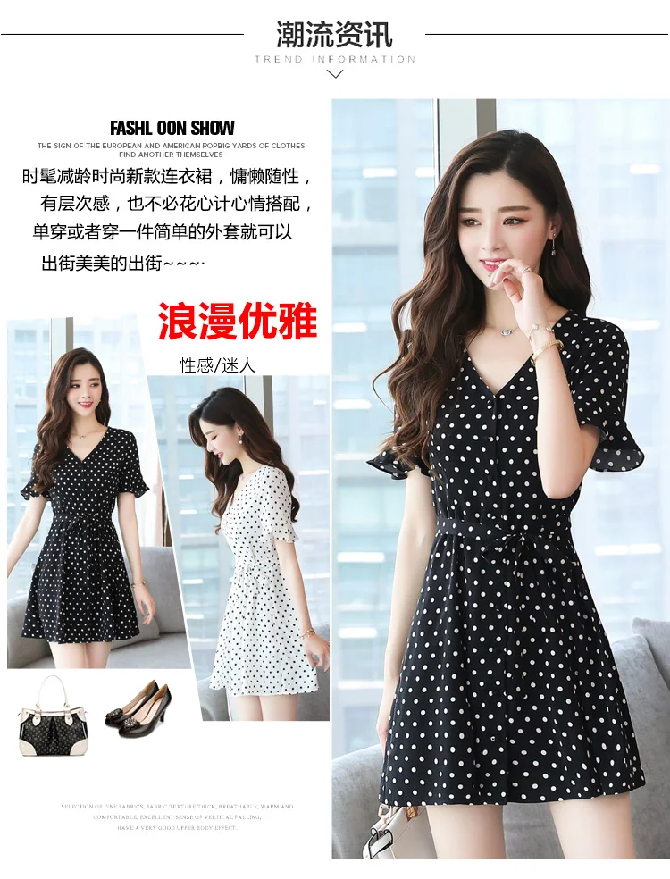 Short Dresses Women 2022 Summer Dresses Woman Casual Chiffon Bandage Sexy Black White Floral Mini Polka Dot Dress V-neck 8595# bodycon dress