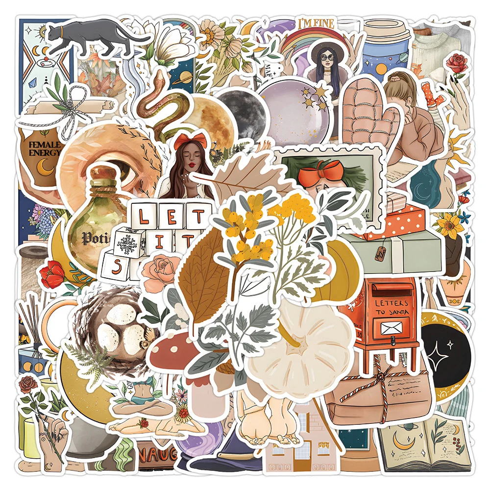 

10/30/50/100pcs Vintage Art Decorative Stickers Boho Style Cartoon Sticker Laptop Suitcase Notebook Guitar Graffiti Toys Decals