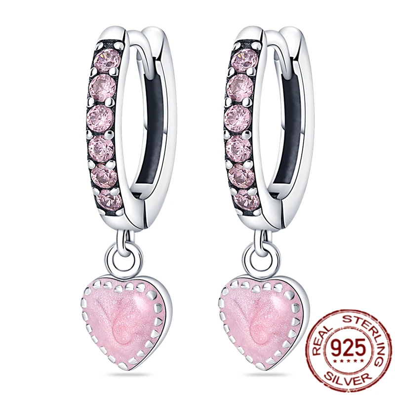 Heiße Ohrringe für Frauen, 925er Sterlingsilber, Original-Charms, Doppel-Creolen, Pave-CZ, feiner Verlobungstag, Schmuck, Geschenk – Detail 9