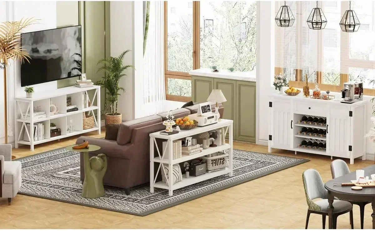 NEW-8 Cube Storage Organizer Bookshelf,Rustic Wood Cubby Bookcase,Industrial Horizontal Long Shelf for Living Room(White Oak,62I