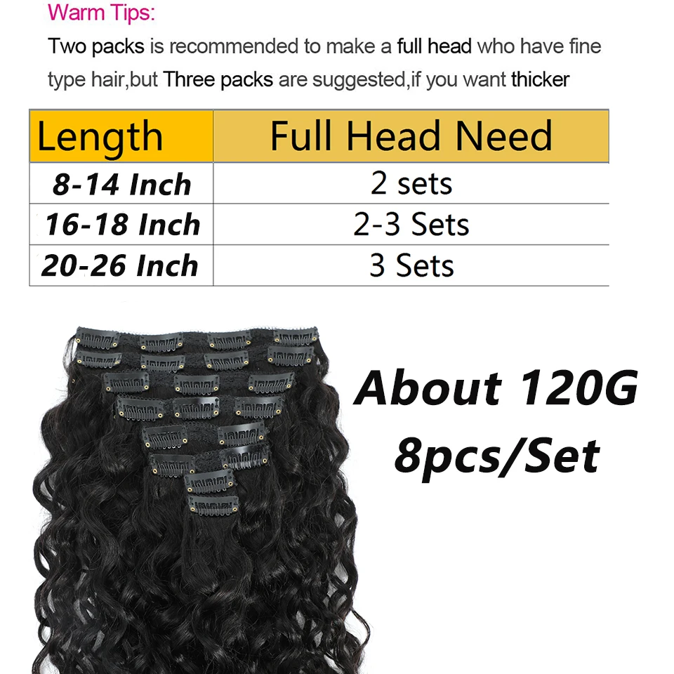 Clip In Hair Extensions Human Hair Water Wave Clip In 8Pcs/Set Natural Black Color Brazilian 100% Remy 8-26 Inch Full Head