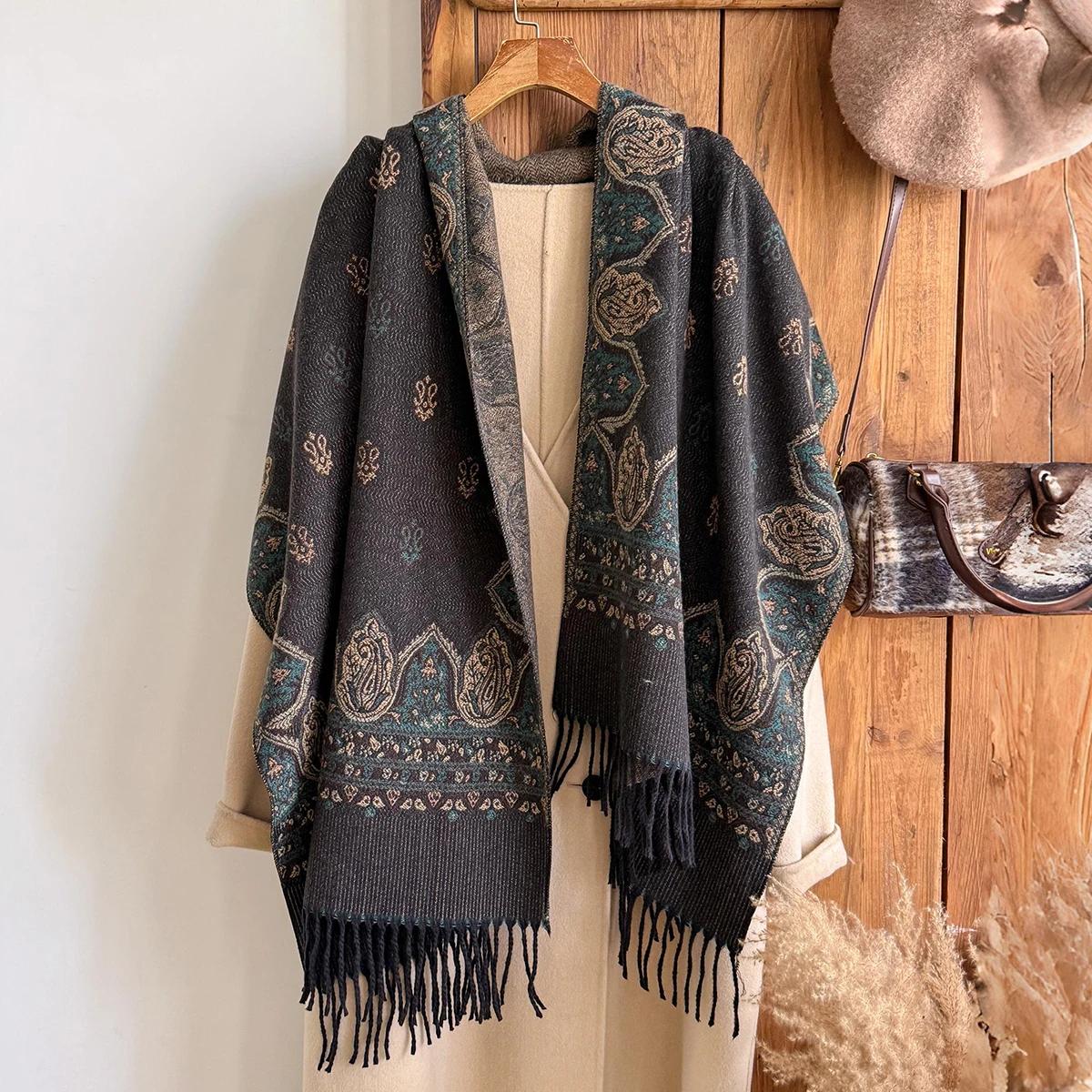 Brand Fashion Women's Winter Warm Cashmere Shawl - Vintage Floral Oil Painting Printed Tasseled Pashmina Thick Wrap