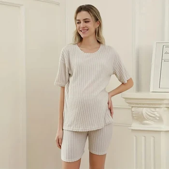 2026 Ribbed Knit Maternity Loungewear Sets Short Sleeve Shorts Loose Comfortable Light Color  for Spring Summer