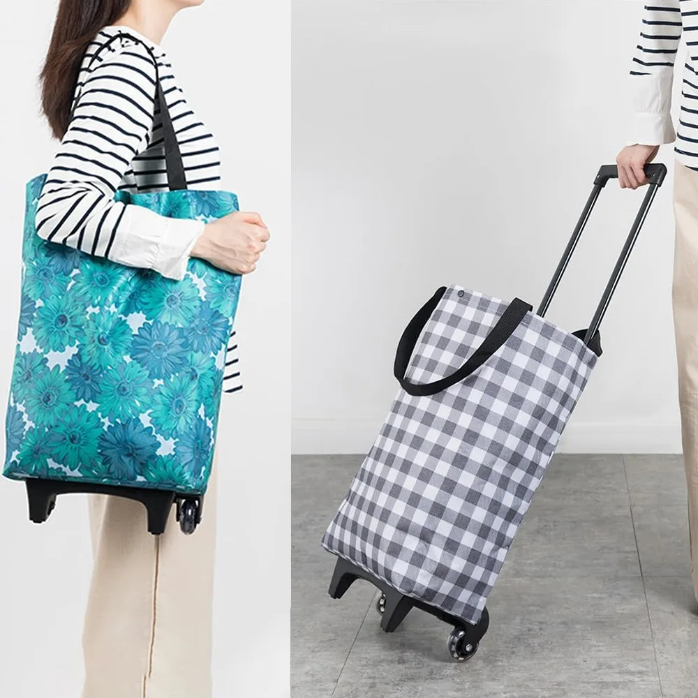 

Cartoon Foldable Shopping Cart Waterproof Telescopic Handle Trolley Bag Reusable with Hand Straps Foldable Shopping Bag