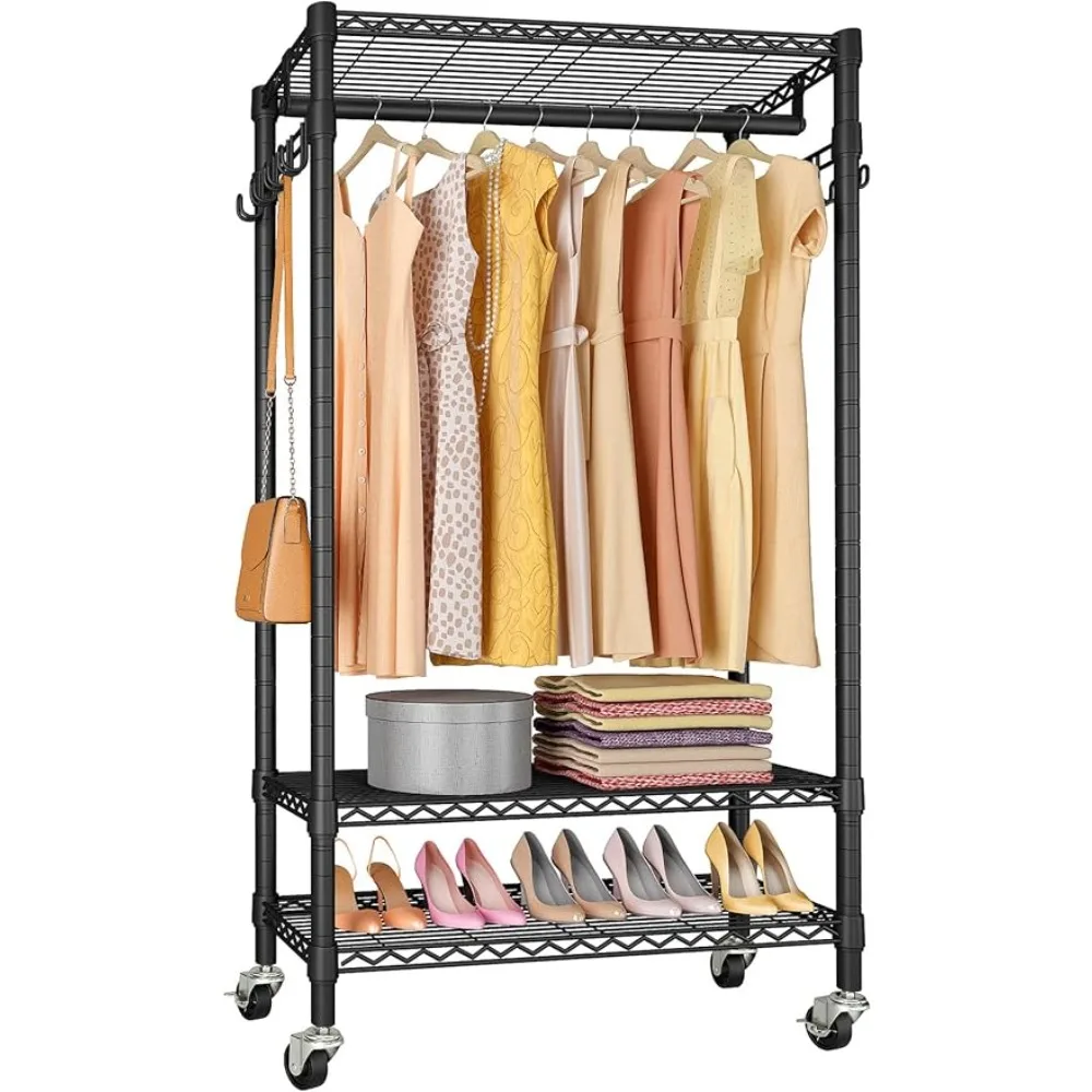 

Open Cupboards Portable Closet Wardrobe With Wheels and Side Hooks Black Clothing Cupboard Hanger Closet Organizer for Clothes